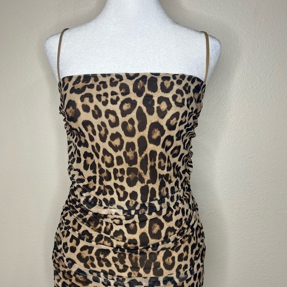 GOOD AMERICAN Tan & Black Leopard Sleeveless Ruched Mesh Midi Dress Sz L NWT - Picture 6 of 16